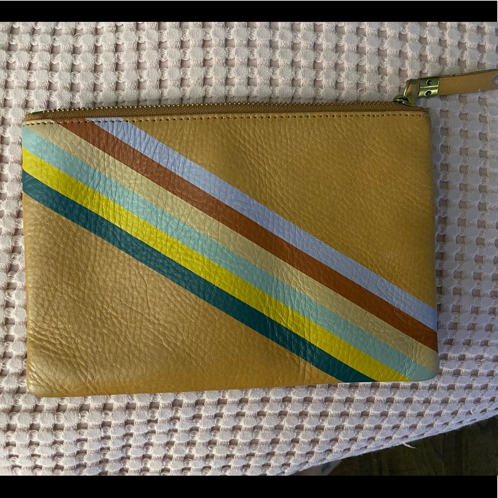 Madewell Tan Leather Clutch with Multicolor Stripes
